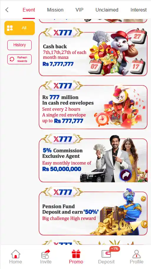 X777 Game referral program screen showing invite option and reward section