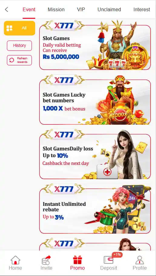 X777 Game referral program screen showing invite option and reward section