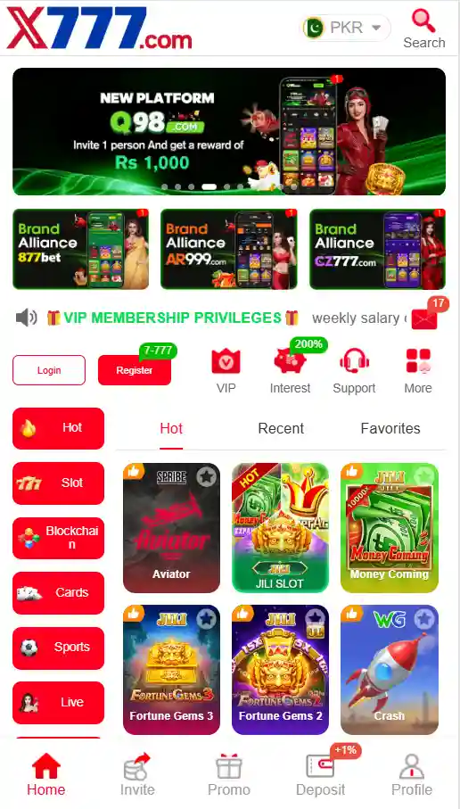 X777 Game Download app home screen showing dashboard, game categories, and navigation menu