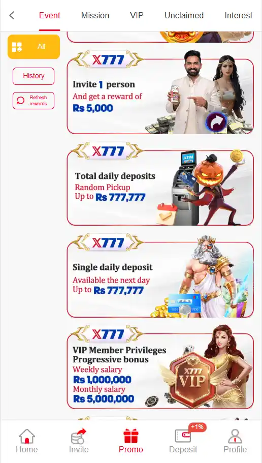 X777 Game referral program screen showing invite option and reward section