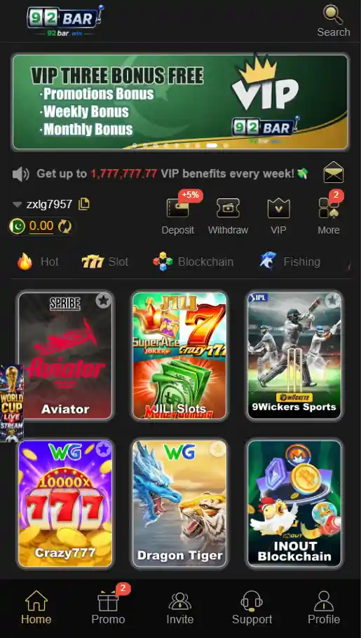 92 Bar Game home screen showing login options, rewards, and game dashboard