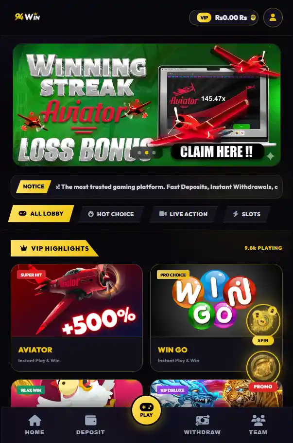 94 Win Game home screen showing main interface and gaming features