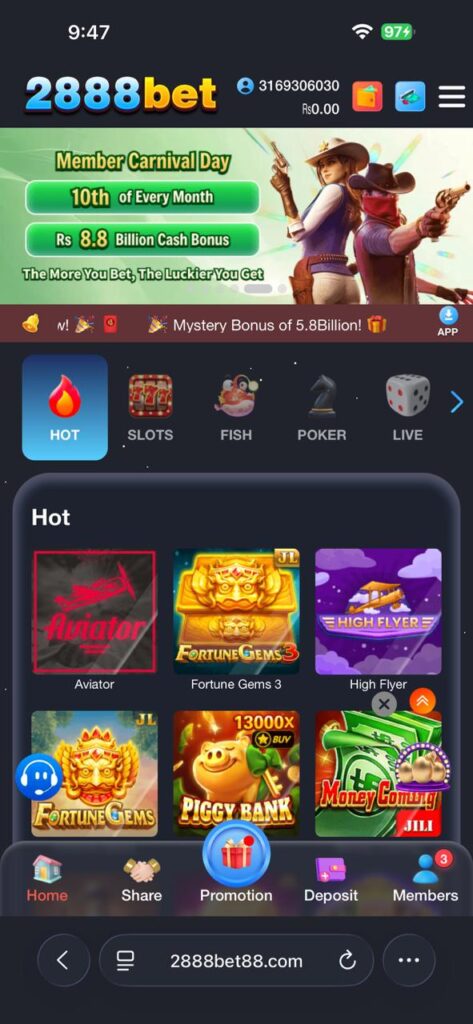 2888Bet Game Home Screen