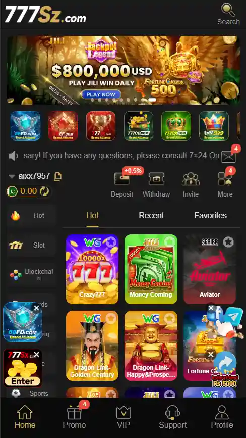777SZ Game home screen showing the main dashboard and gaming interface