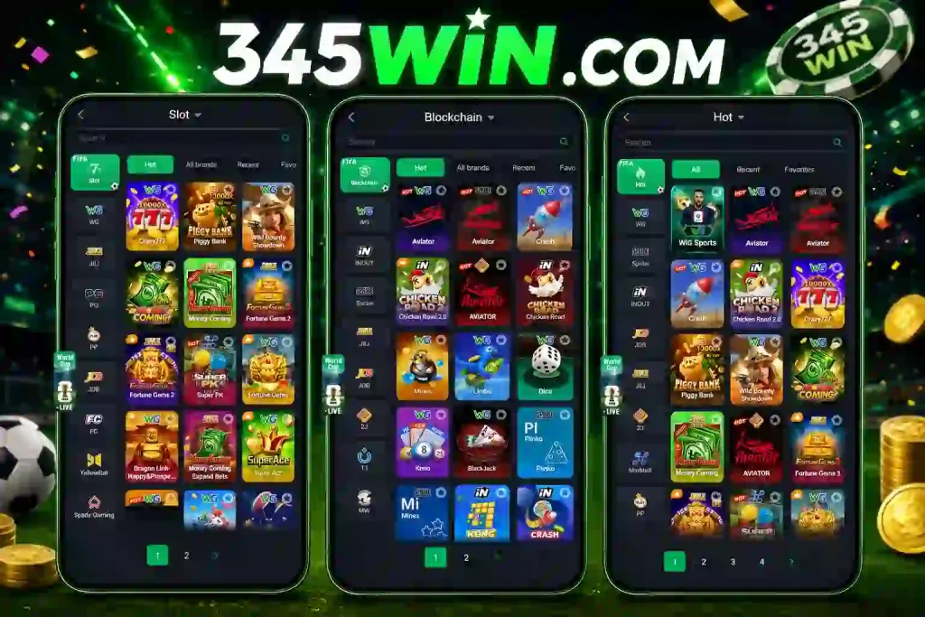 Inside view of the 345WIN Game application displaying various casino and board games like Ludo and Teen Patti.