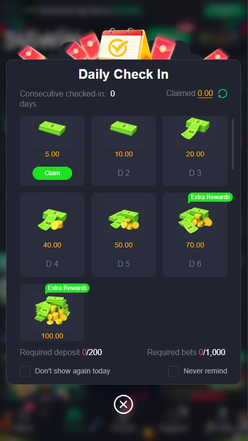 345WIN Game daily check-in bonus rewards screen showing login rewards and exclusive member benefits