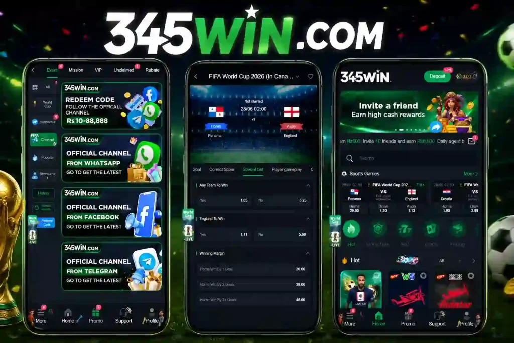Main homescreen dashboard of the 345WIN Game app displaying the game library and user wallet balance.