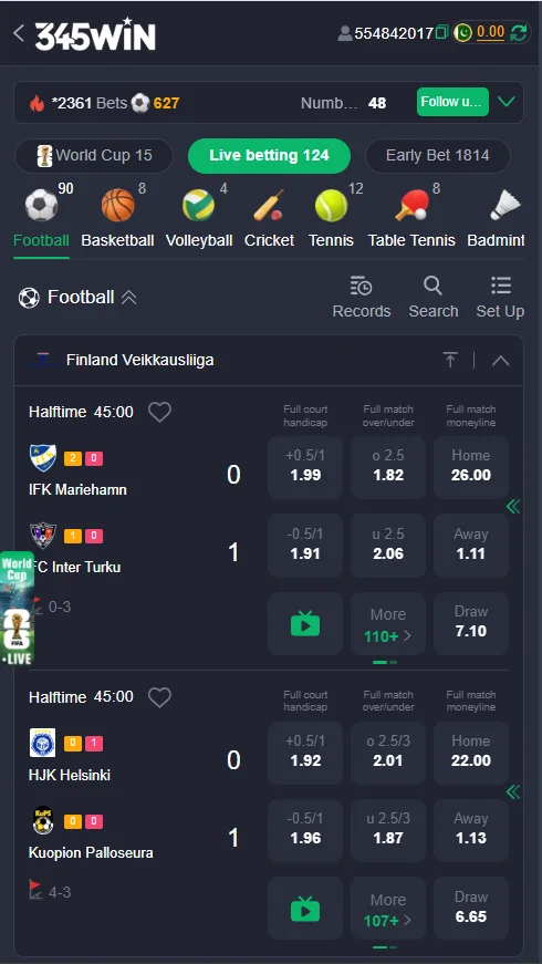 Live football match betting screen interface inside the 345WIN Game mobile application.