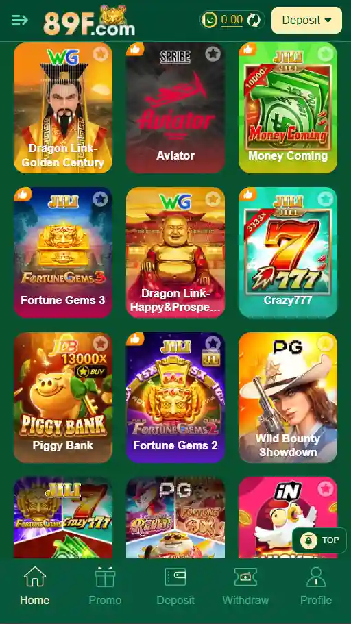 89F Game available games section showing different playable games and categories