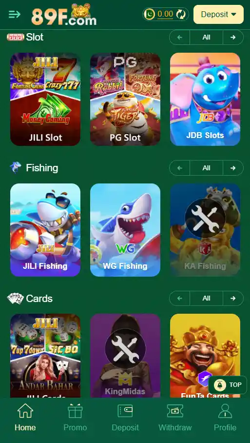 89F Game available games section showing different playable games and categories
