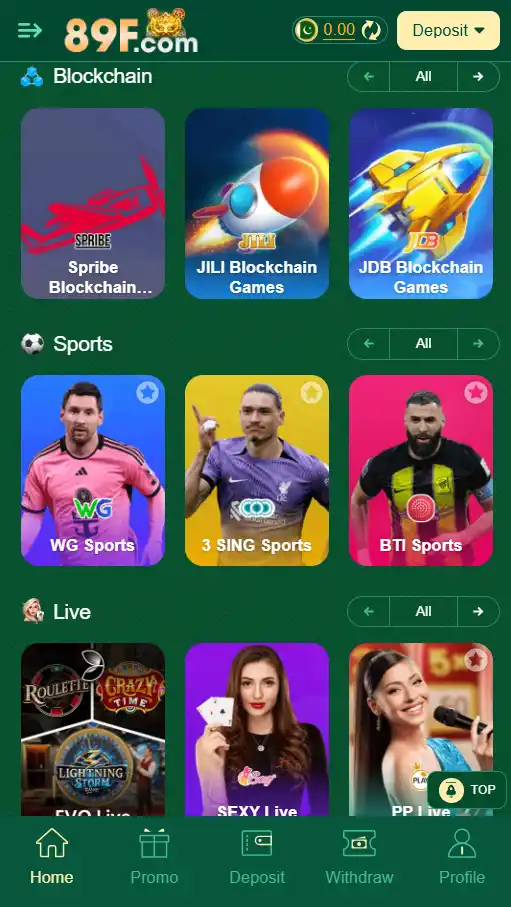 89F Game available games section showing different playable games and categories