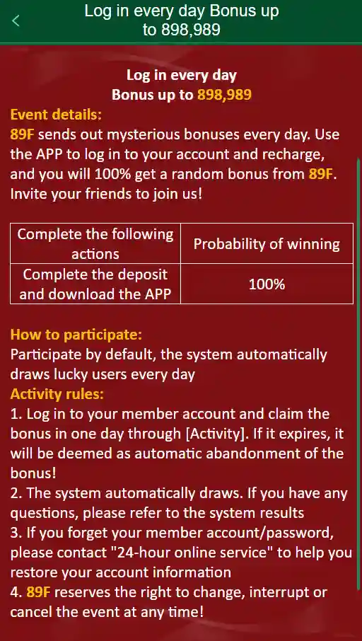 89F Game daily login reward showing up to 898,989 bonus for regular users