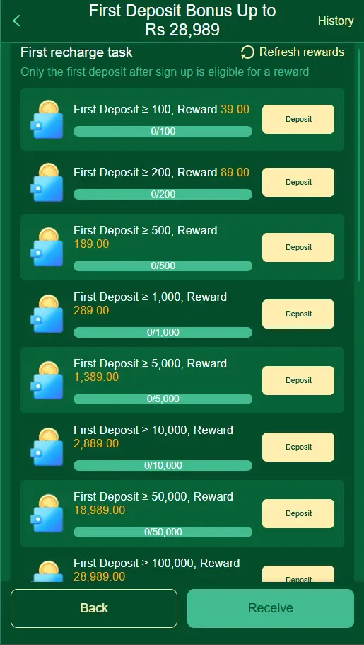 89F Game first deposit bonus offer showing rewards up to 28.989