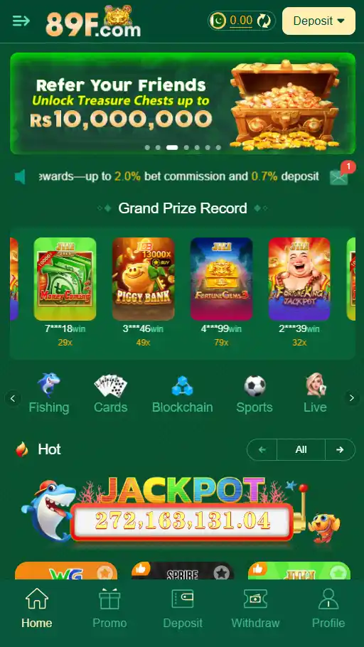89F Game home screen showing main dashboard with games, promotions, and navigation menu