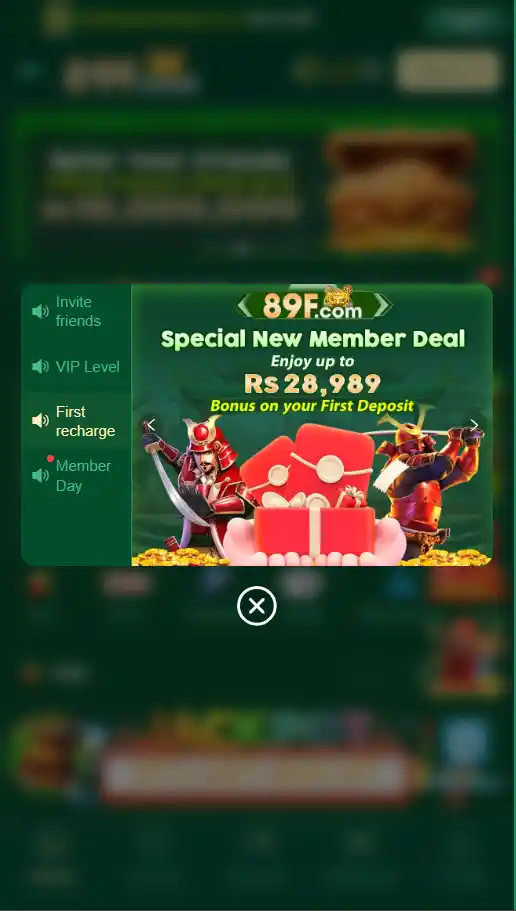 89F Game new member special deal showing first deposit bonus up to Rs. 28989