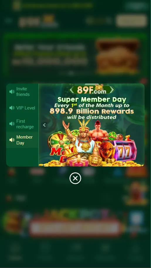 89F Game Super Member Day showing monthly rewards distribution on the 1st of every month