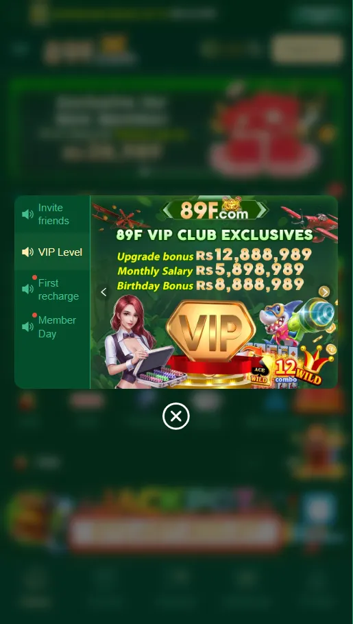 89F Game VIP levels showing progressive rewards and user status tiers