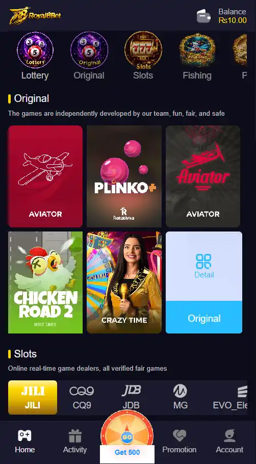 Royal8 Bet home screen interface showing game categories and user dashboard