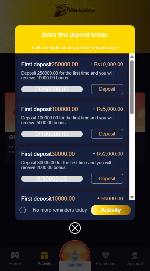Royal8 Bet home screen interface showing game categories and user dashboard