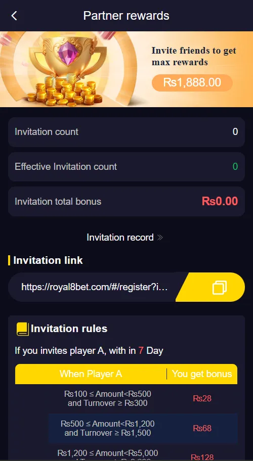 Royal8 Bet invitation reward screen showing referral bonus and earning details