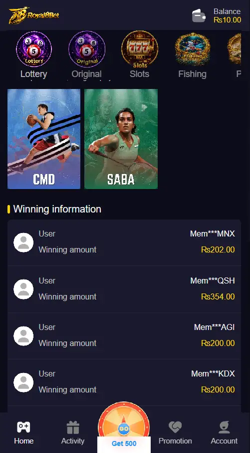 Royal8 Bet home screen interface showing game categories and user dashboard