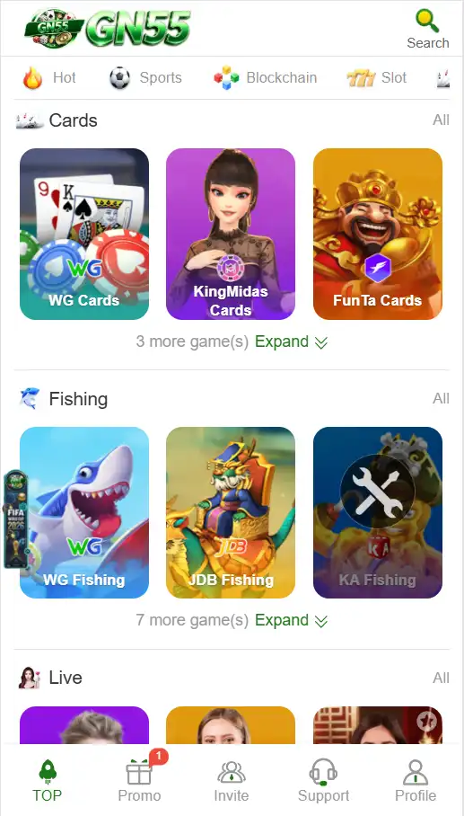 Gaming app main interface showing game selection, play options, and user dashboard with interactive features