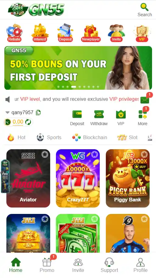 GN 55 Game home screen displaying featured games, rewards, and user dashboard