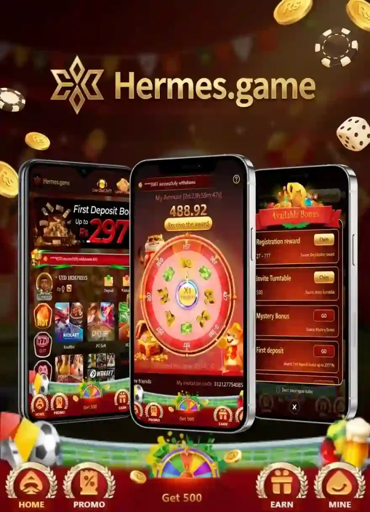 Hermes Game Home screen of gaming website showing main dashboard and game options