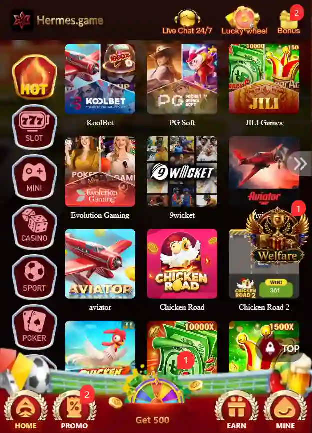 Hermes Games platform showing available game options