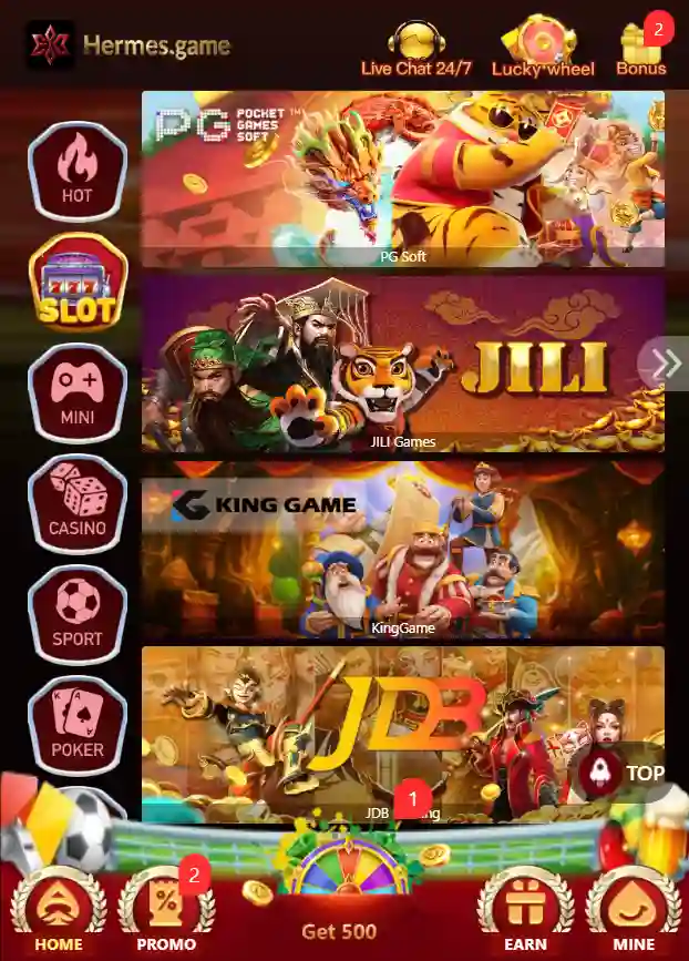 Hermes Games platform showing available game options