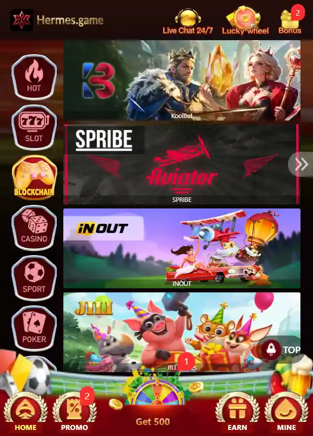 Hermes Games platform showing available game options