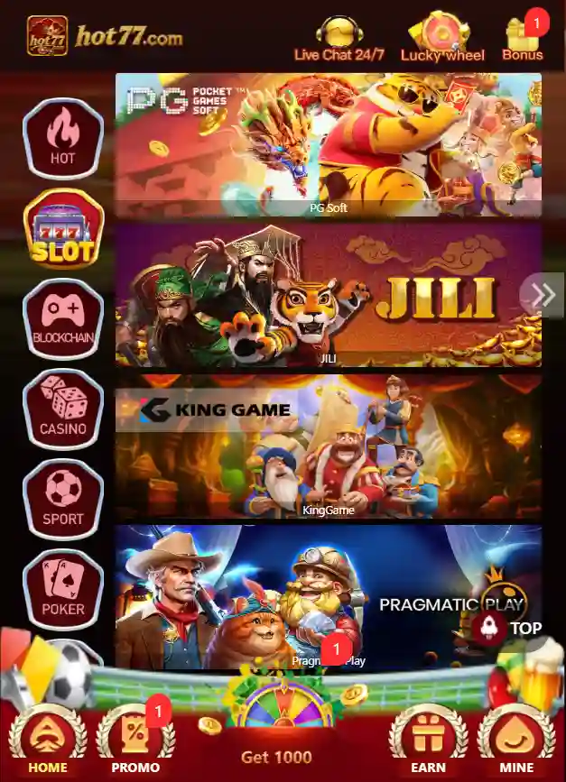Classic 777 slot machine interface inside Hot 77 Game app with winning multipliers