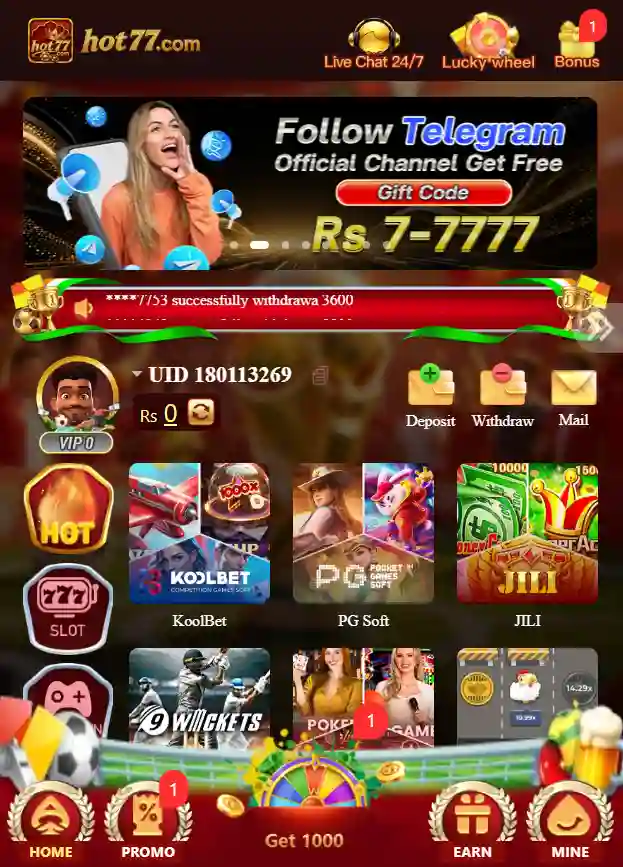 ot 77 Game multi-screen showcase displaying available bonuses, lucky spin wheel, agent earning dashboard, and main games lobby with HOT77.COM background