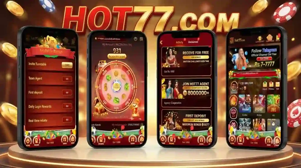 Hot 77 Game mobile app homescreen dashboard showing casino slots and earning wallet in Pakistan