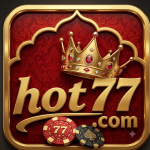 Official premium emblem logo for Hot 77 Game featuring a detailed golden crown above gold script text "hot77.com" with detailed casino chips and an intricate gold arch frame on a crimson red background.