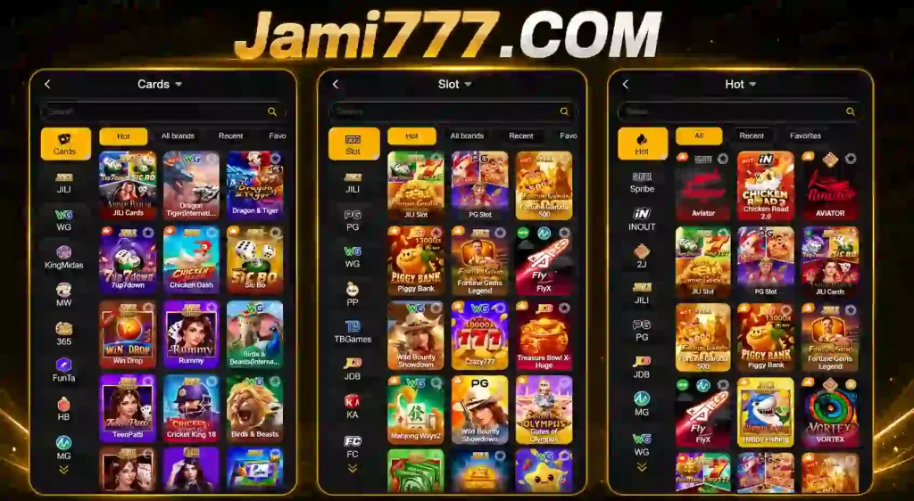 Jami777 Game collection featuring slot games, card games, Aviator, fishing games and hot casino categories