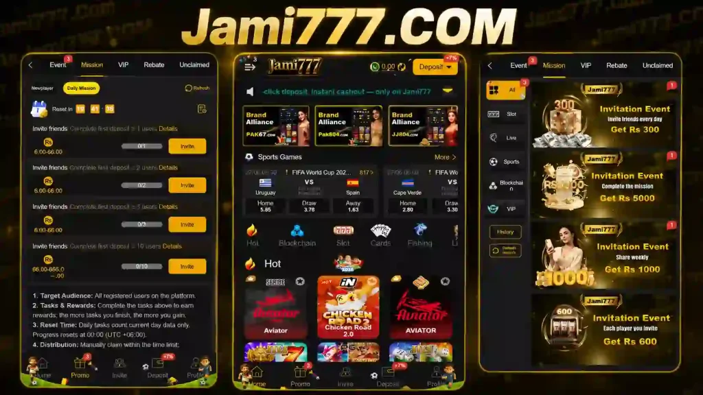 Jami777 Game homescreen featuring sports betting, slots, blockchain games, promotions and live casino categories
