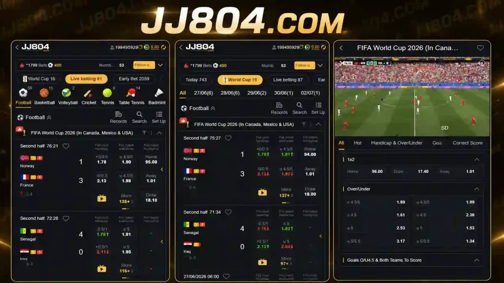 Live FIFA World Cup streaming interface on the JJ804 Game platform with dynamic match forecasting and real-time sports updates.
