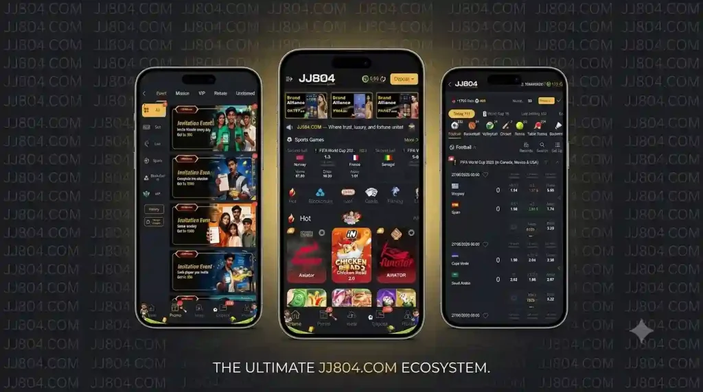 Official home screen dashboard of the JJ804 Game application highlighting live sports streaming and premium table games.