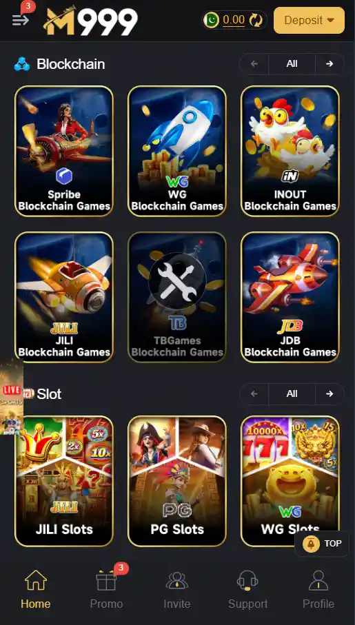 M999 app games section showing different available gaming options and categories