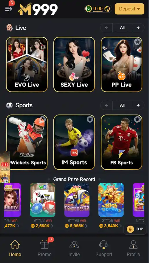 M999 app games section showing different available gaming options and categories