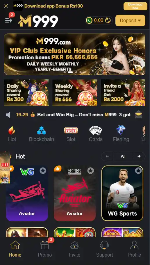 M999 app home screen showing dashboard, live sports section, and navigation menu