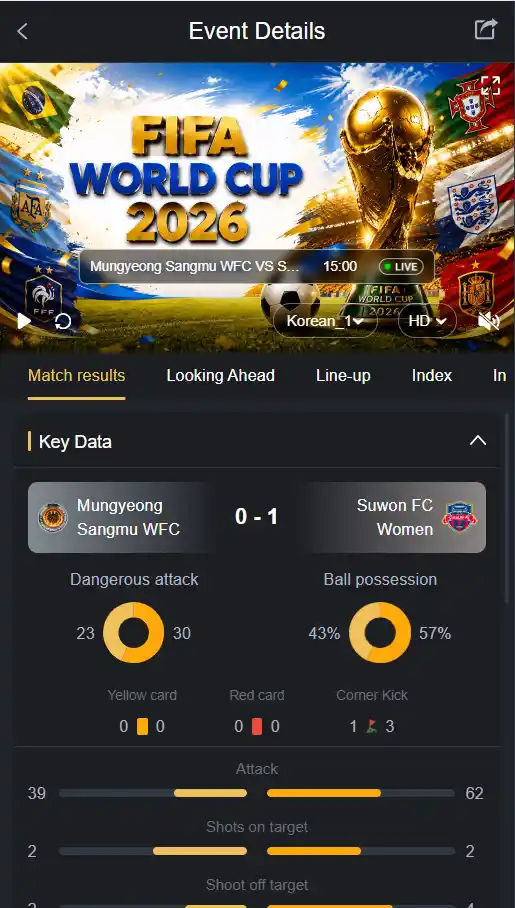 M999 app live sports streaming interface showing ongoing match screen and score display