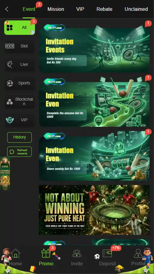 PK177 game home screen showing main dashboard, game categories, promotions, and user navigation menu.
