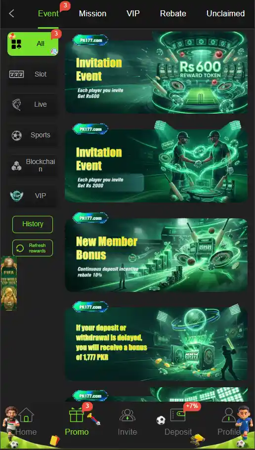 PK177 game home screen showing main dashboard, game categories, promotions, and user navigation menu.