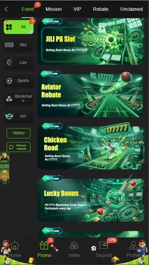 PK177 game home screen showing main dashboard, game categories, promotions, and user navigation menu.