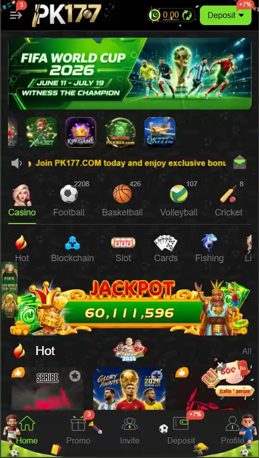 PK177 game home screen showing main dashboard, game categories, promotions, and user navigation menu.