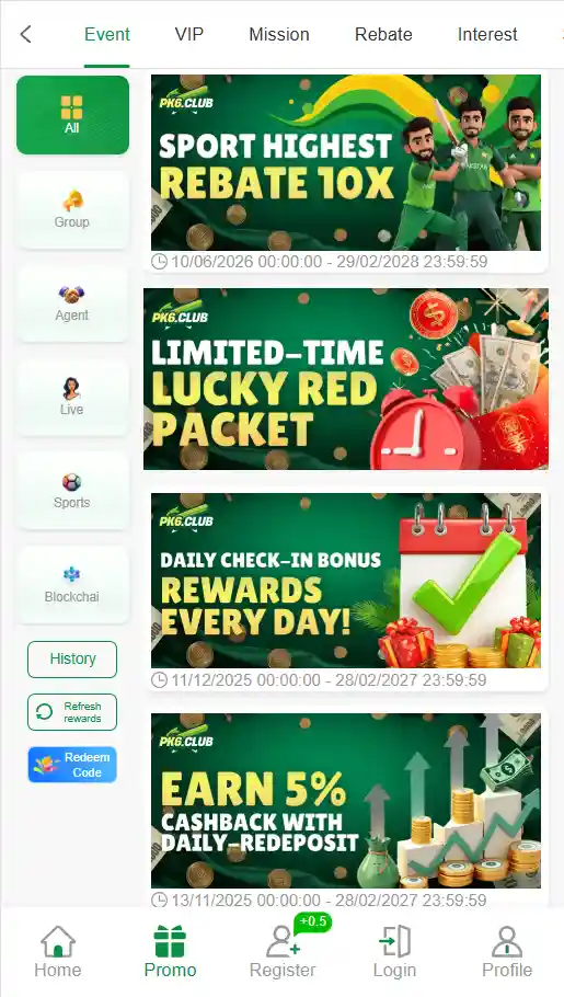 PK6 Game events page displaying bonus offers, promotional rewards, referral incentives, and special gaming events