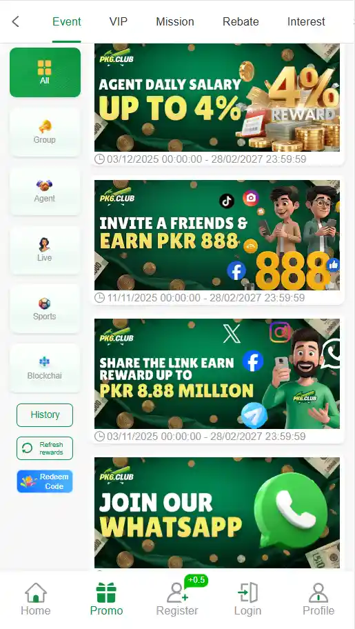 PK6 Game events page displaying bonus offers, promotional rewards, referral incentives, and special gaming events