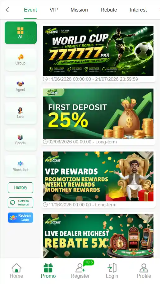 PK6 Game events page displaying bonus offers, promotional rewards, referral incentives, and special gaming events